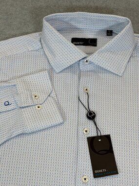 Quieti Nova Stretch Mens Long Sleeve Button Up Shirt L White Blue Geo Stretch